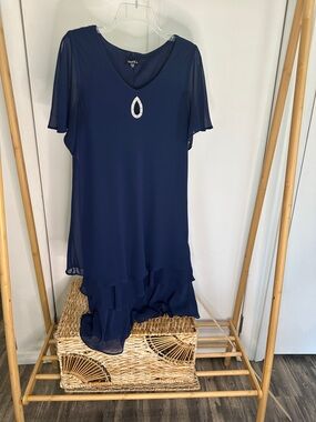 Onyx Nite Navy Blue Layered Chiffon Midi Dress with Teardrop Accent